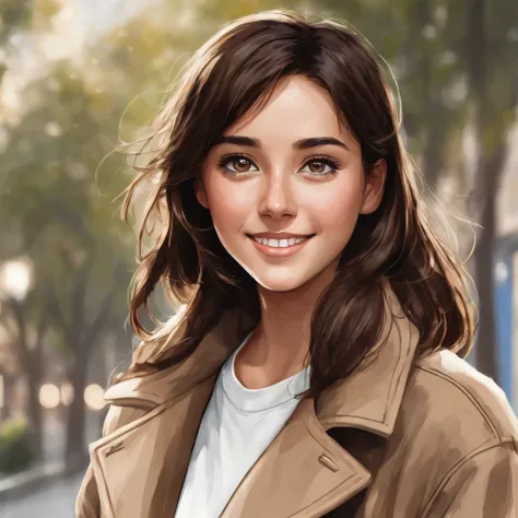 A girl with dark brown hair and big light brown eyes. He has a happy and friendly expression on his face.. The person is wearing a brown coat jacket, a white top and beige or khaki pants. The overall look is simple and casual..