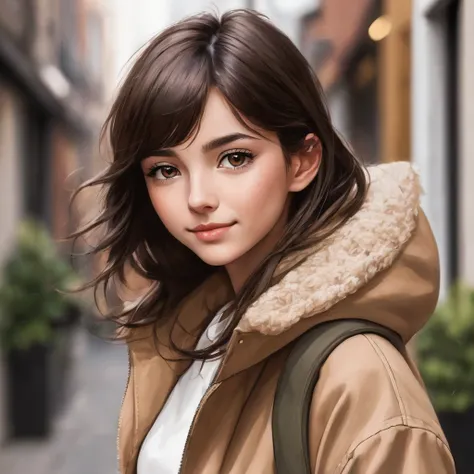 A girl with dark brown hair and big light brown eyes. He has a happy and friendly expression on his face.. The person is wearing a brown coat jacket, a white top and beige or khaki pants. The overall look is simple and casual..