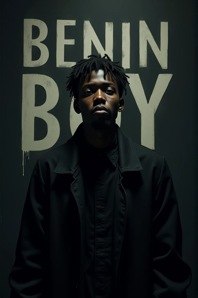 Depressed Afro male in a Dark scary outfit Music with the word Benin Boy boldly written on the Background