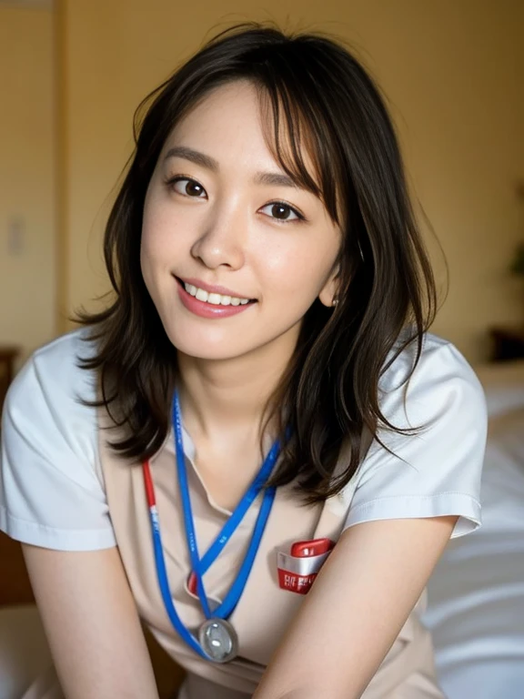 (Masterpiece, Best quality:1.4), (Ultra realistic, Photo-realistic:1.2), Full body, kneeling, Natural light, 25 years old actress, Japanese women, Neat and clean, (nurse uniform:1.1), Short ponytail, Short wavy hair, Light brown hair color, (Beautiful Face...