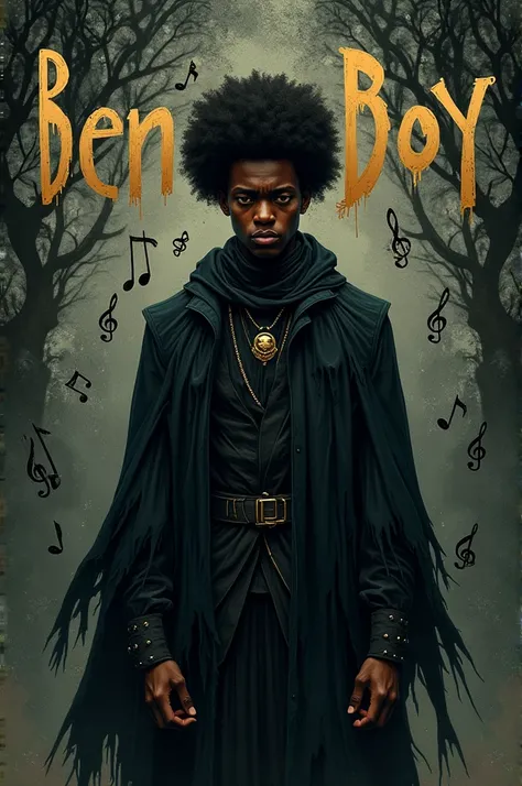 Depressed Afro male in a Dark scary outfit Music symbols with the word Benin Boy boldly written on the Background