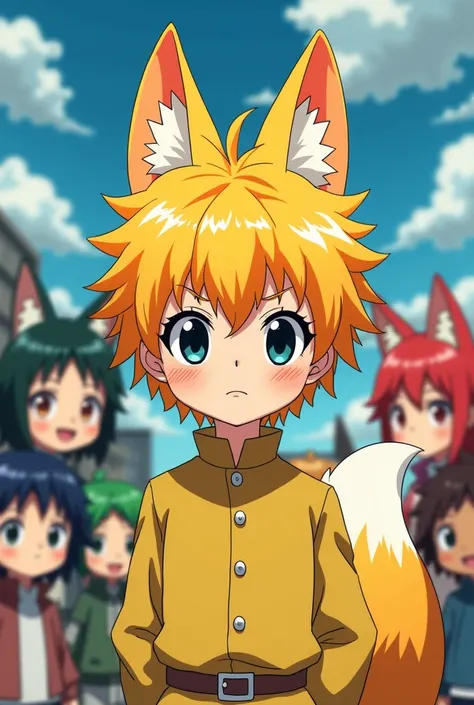 (anime style photo: Boku no Hero Academia)... A version of the little prince with yellow hair and orange tips, black eyes and slightly blushed cheeks and fox ears and tail, while introducing class 1-A