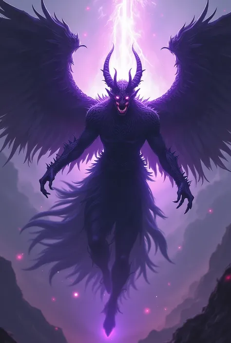 Divine being with purple and dark blue aura, bright Eyes, Sharp teeth and black wings with a lot of anger taking flight with angel style