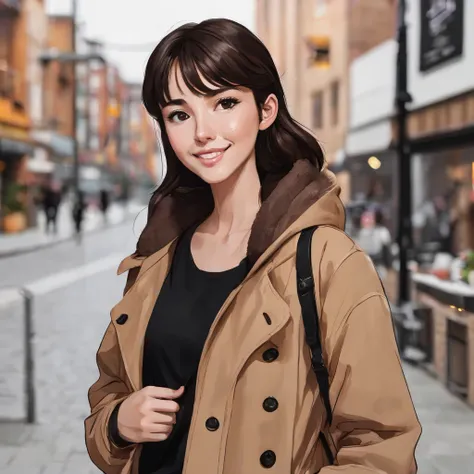 A girl with back-length dark brown hair and big light brown eyes. He has a happy and friendly expression on his face.. The person is wearing a brown coat jacket, a white top and black pants. The overall look is simple and casual..