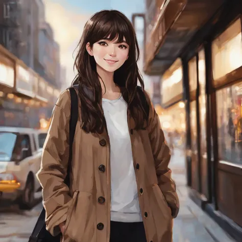 A girl with back-length dark brown hair and big light brown eyes. He has a happy and friendly expression on his face.. The person is wearing a brown coat jacket, a white top and black pants. The overall look is simple and casual..