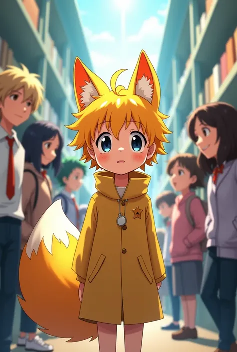 (anime style photo: Boku no Hero Academia)... A version of the little prince with yellow hair and orange tips, black eyes and slightly blushed cheeks and fox ears and tail, while introducing class 1-A