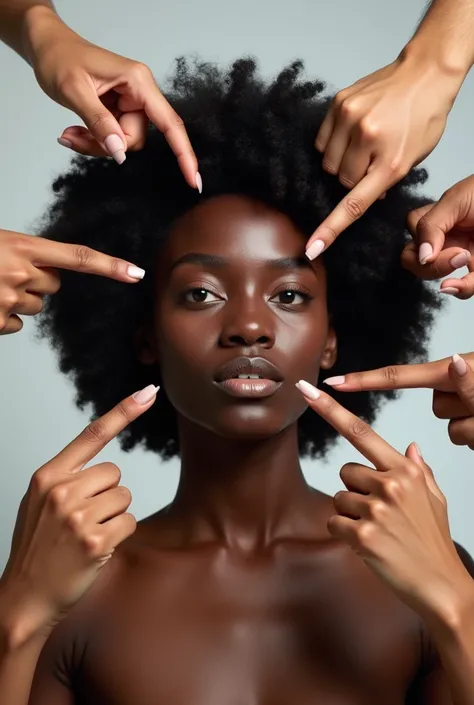 Several white hands pointing at a black person with afro hair