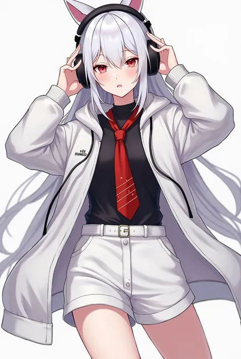 Exusiai, Black headphones, Red necktie with small white stripes, Black undershirt, White hoodie, White shorts, White shoes