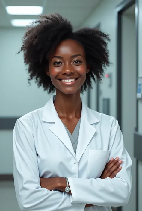 Dark skinned nurse, curly hair and white suit