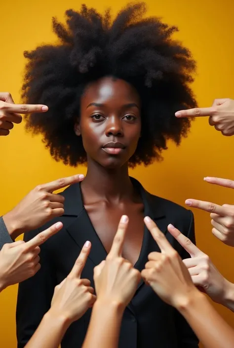 Several white hands pointing at a black person with afro hair