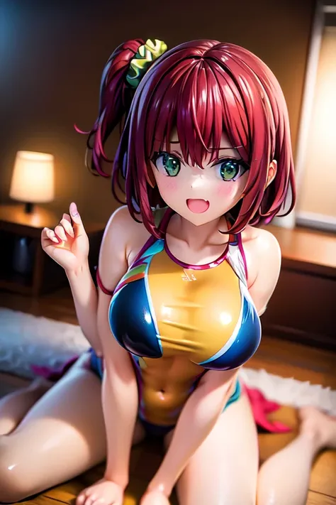 Highest quality, masterpiece, Highly detailed CG, Official Art , Professional Lighting, (sakimiyairuka), One side up, Green scrunchie, hair ornaments, Redhead, Green Eyes, Perfect Face, Glowing Skin, between legs,(leotard), wariza, Gym