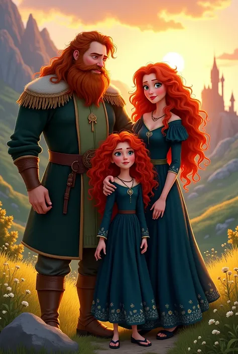 Create a picture of the Disney movie Brave and his family with dad 