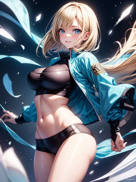 Anime style, super fine illustration, highly detailed, beautiful detailed, pale tone image, static representation, gentle expression, 8k, pretty 1girl with blonde straight short hair & blue eyes & a bright smile & huge breasts & soft fair skin is wearing t...