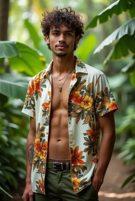 A Brazilian boy in a lush tropical garden, wearing an open shirt with a floral print,  and the natural flowers, showing off your natural charm and outgoing personality. Standing with confidence