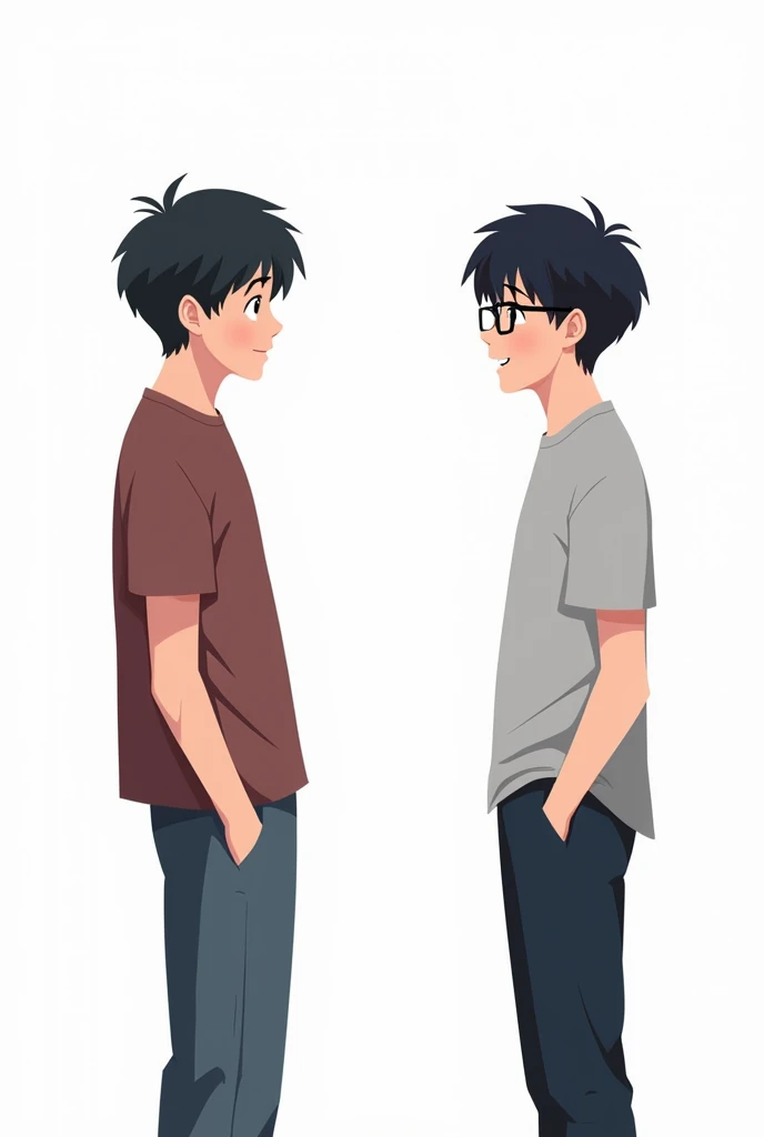 2 teenage boys are chatting, 1 wearing glasses black hair, 1 no glasses black hair. Simple graphic image white background