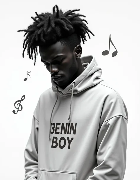 Sad Afro male in a white scary outfit Music symbols with the word Benin Boy boldly written on the Background