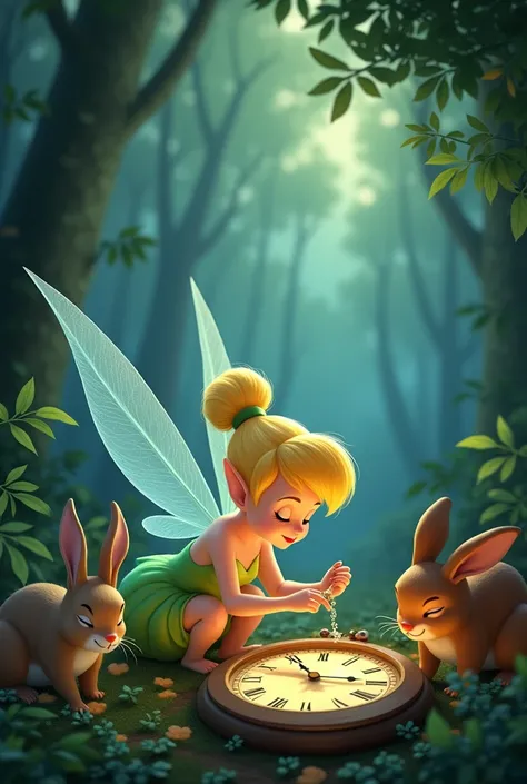 Create different wallpapers in Tinkerbell theme, with moss green colors, pastel green, greenish blue and dark blue for the sky. Also add sleeping animals in the background, the character Tinkerbell fixing a clock and a quote from Captain Hook in a thought ...