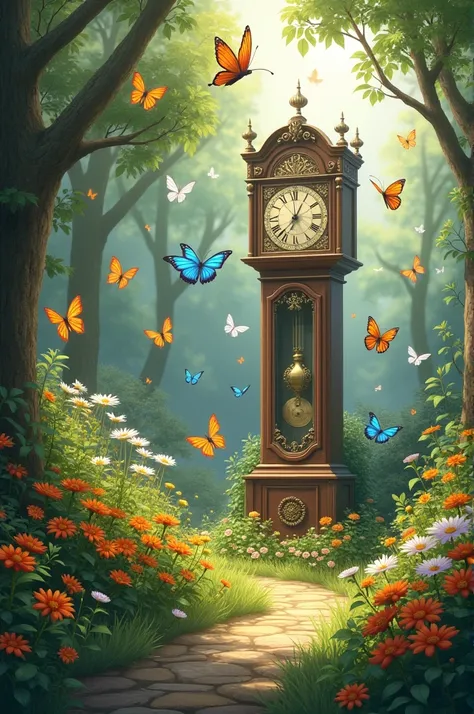 A place with lots of butterflies and a clock 
