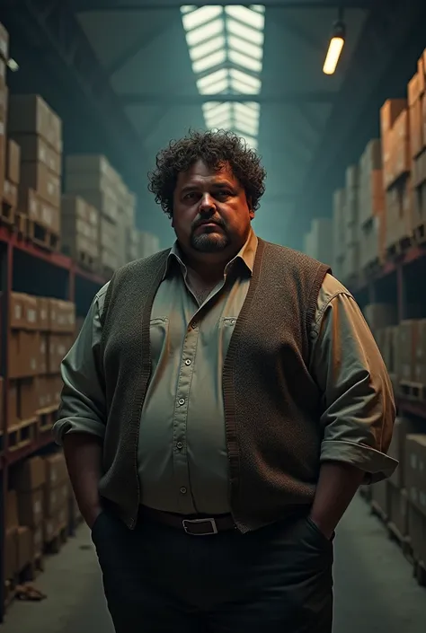 chubby man, curly hair, sweater vest, unkempt, shady, suspicious, warehouse, (best quality,4k,8k,highres,masterpiece:1.2),ultra-detailed,(realistic,photorealistic,photo-realistic:1.37),HDR,UHD,studio lighting,ultra-fine painting,sharp focus,physically-base...