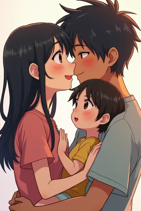 An anime style couple,girl with medium-short black hair and boy with dark hair,brunette boy,a little white girl with freckles,kissing or hugging,,average tall boy