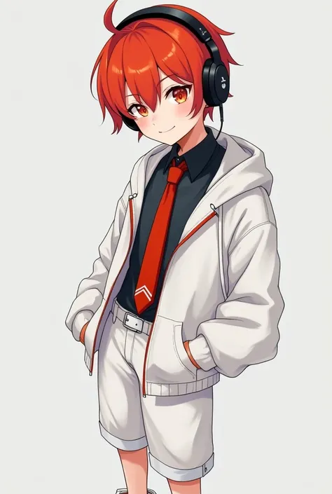 Short red-haired, Orange eyes, Black headphones, Red necktie with small white stripes, Black undershirt, White hoodie, White shorts, White shoes