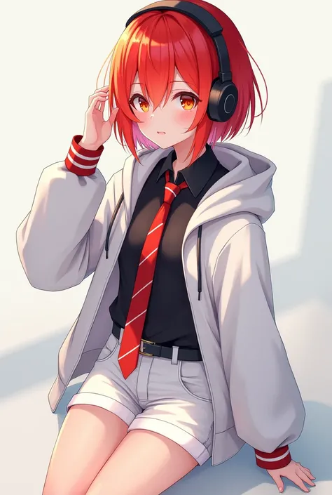 Female, Anime, Short red-haired, Orange eyes, Black headphones, Red necktie with small white stripes, Black undershirt, White hoodie, White shorts, White shoes