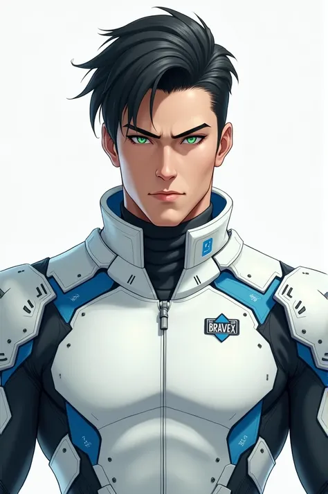 Male character with black hair and green eyes in a white space military suit with blue details and an emblem on the shoulders that says bravex.