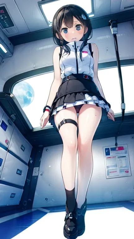 (Highest quality), (masterpiece), 1080P, High resolution, 4K, 8k, Inside the space station、Futuristic room、Thigh straps, Shooting from directly below, The woman on top of me, 白いSweat, Covered , Sweat, Woman looking down, Skirt swimsuit, Thigh-high socks, T...