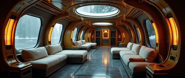 interior of futuristic ship, Interstellar. 8k, alien, gold on the wall