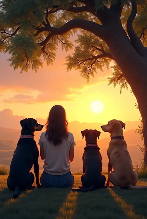 A woman and two female Rottweiler dogs and a female Labrador dog sitting with their backs to each other under a tree in the distance watching a landscape 