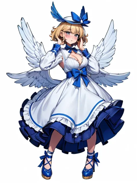 uekura, 1girl, blonde hair, white background, hat, dress, blue footwear, wings, simple background, signature, flower, nail polish, round boobs, cleavage showing, nipples, wide sleeves, long sleeves, blush, animal, white flower, solo, full body, bird, looki...