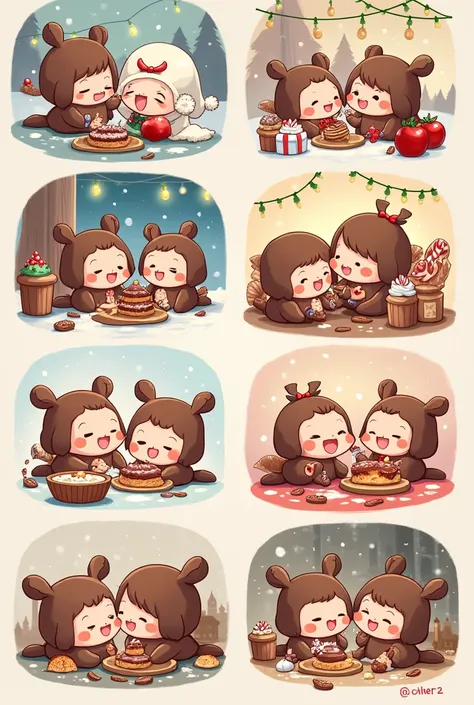 Collection with 4 drawings about Christmas, with chocolates and lots of love chibi style