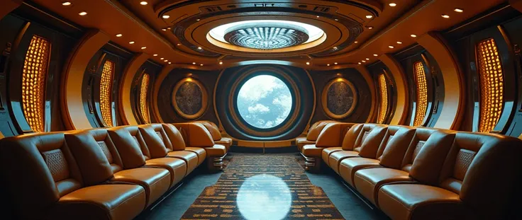 interior of futuristic ship, Interstellar. 8k, alien, gold on the wall