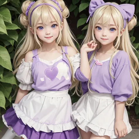 A girl with an adorable and kawaii look. She has long, messy pastel blonde hair, with a heart-shaped headband on her head. Her big, bright eyes have a green color., and has a happy and friendly expression. He is wearing a purple shirt with shoulders and sl...