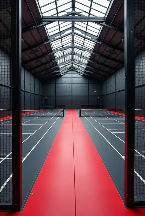 Two black-floor paddle courts and red walkways, one after the other, divided by glass walls and black metal mesh