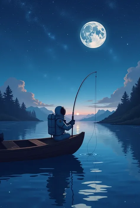 create a fisherman in an astronaut uniform, in big lake reflexing a starry sky and the moon, the fisherman is in a wood boat, use an anime style