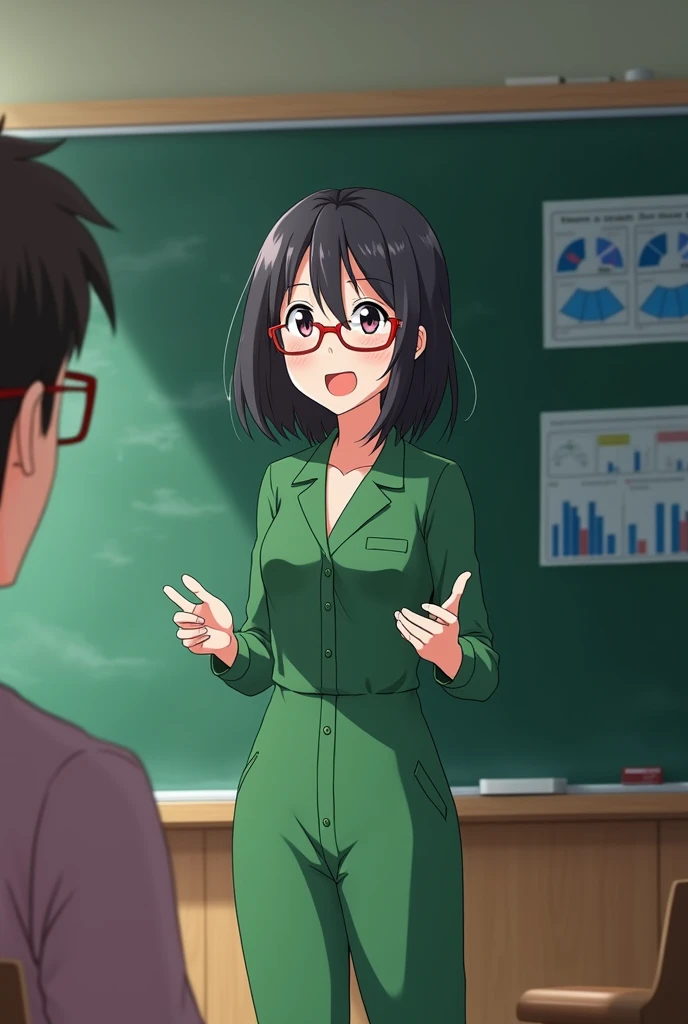 In front of the blackboard、Im wearing glasses.、The anime-style girl giving the commentary is wearing a green long-sleeved jumpsuit