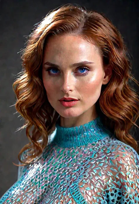 (natalie portman, woman, redhead, blue eyes, big breasts, transparent sweater, small chin, beautiful detailed eyes, beautiful de...