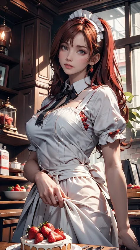 Promotional Photos, The location is a coffee shop, 1 girl, The face of a 16 year old, The waitress is bringing the cake to the table, Red hair twin tails, Kind Face, A strawberry-inspired half-gothic lolita and half-maid costume, White-based clothing,