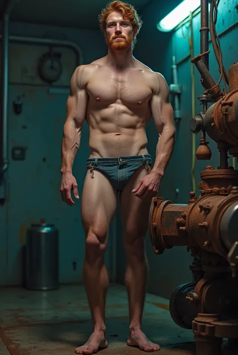 ((view from low view )) reflect the strength and masculinity of European, 20 years old, workers shirtless, barefoot, Caucasian ethnic physical characteristics 1. Industry: Oil Background: Offshore oil platform. Leg Position: Spread apart, in a balanced sta...