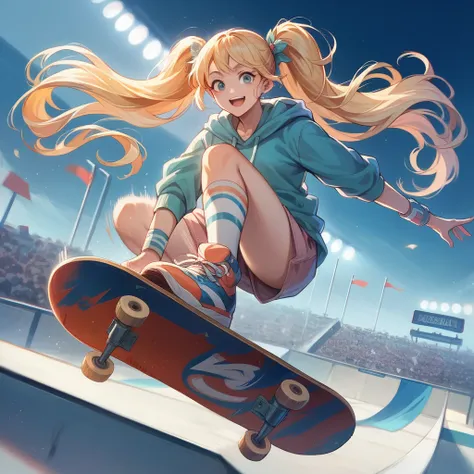 Masterpiece, top quality, highly detailed, extremely detailed, ultra realistic, anime style illustration with bold brush strokes. Cinematic lighting, girl flipping during skateboarding competition, blonde pigtails, smiling face, motion blur.