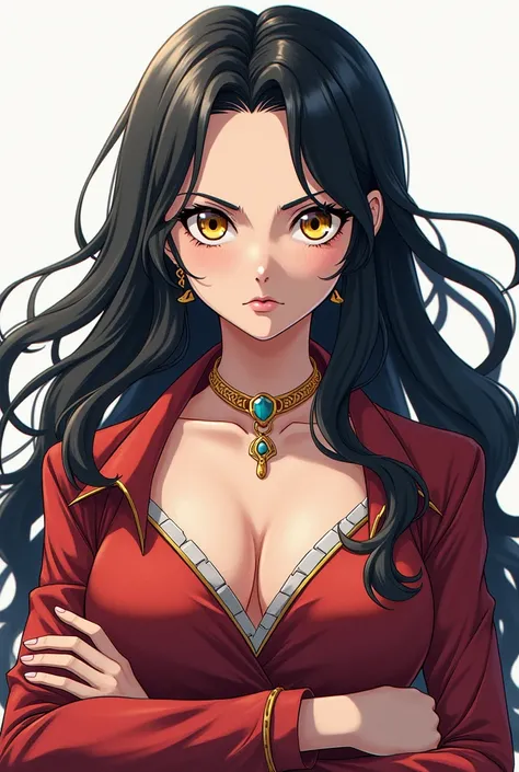 One piece anime style, young adult girl pale skin long wavy black hair yellow eyes strict facial expression crossed arms princess like
