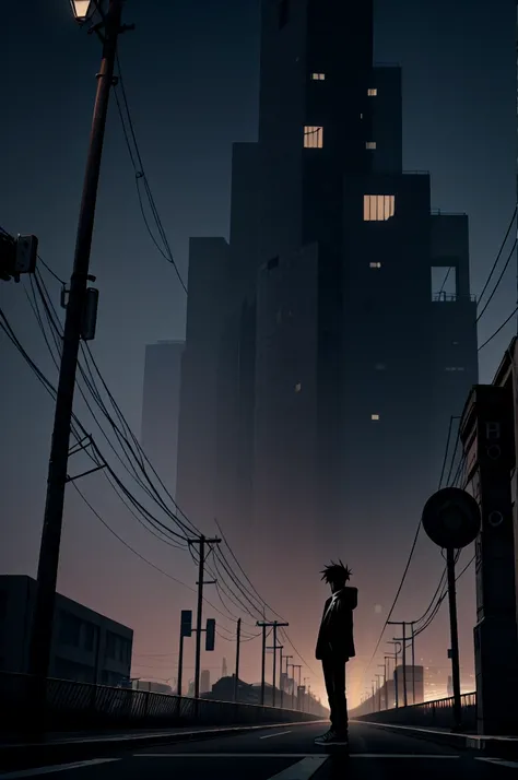 A solitary teenage boy, dressed in black pants, a long-sleeved jacket, and a pair of sleek sneakers, lies dejectedly on a desolate road under a single lamppost bathed in a dim, melancholic glow. In the distance, the silhouette of a towering city skyline lo...