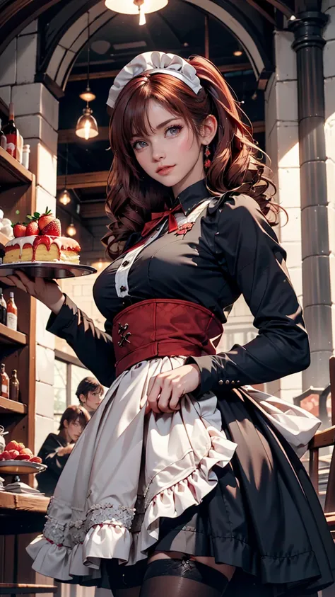 Promotional Photos, The location is a coffee shop, 1 girl, The face of a 16 year old, The waitress is bringing the cake to the table, Red hair twin tails, Kind Face, A strawberry-inspired half-gothic lolita and half-maid costume, White-based clothing,