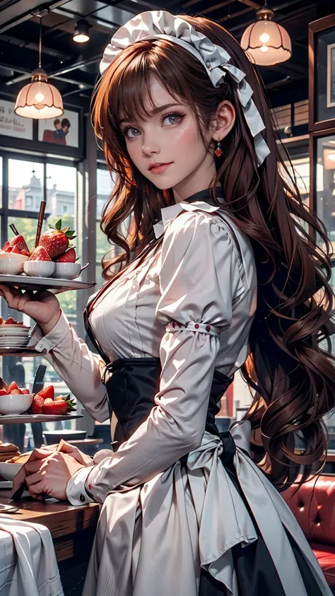 Promotional Photos, The location is a coffee shop, 1 girl, The face of a 16 year old, The waitress is bringing the cake to the table, Red hair twin tails, Kind Face, A strawberry-inspired half-gothic lolita and half-maid costume, White-based clothing,