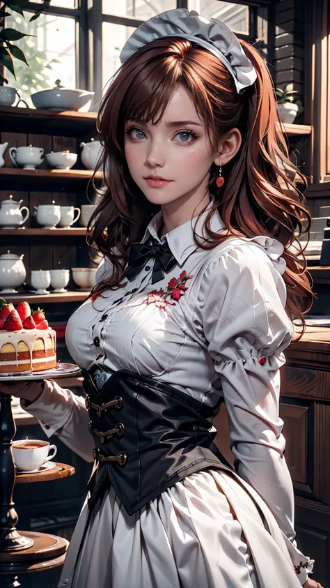 Promotional Photos, The location is a coffee shop, 1 girl, The face of a 16 year old, The waitress is bringing the cake to the table, Red hair twin tails, Kind Face, A strawberry-inspired half-gothic lolita and half-maid costume, White-based clothing,