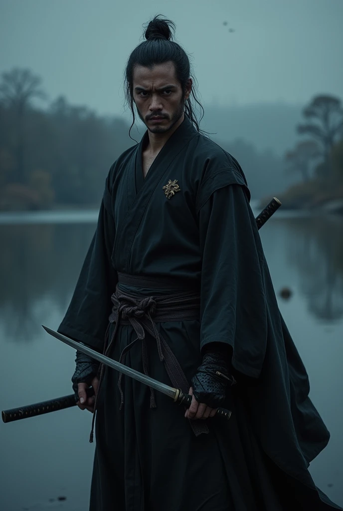 Create an image of a slightly muscular 23 year old white male with black hair, just like Miyamoto Musashi from Vagabond, eyes browns, looking tired and angry, com altura de 1.80 meters, wearing light black clothes covering the body and a cape, holding a ka...