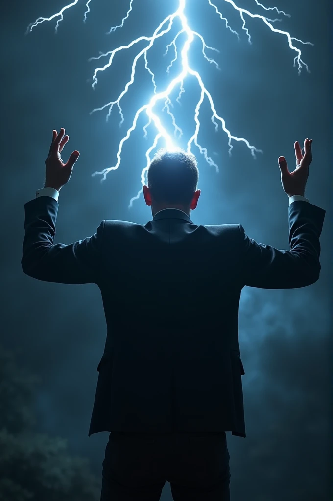 Image of a man from behind, with arms in emoji position "I don&#39;t know"  (shrug, in English) and lightning strikes his head