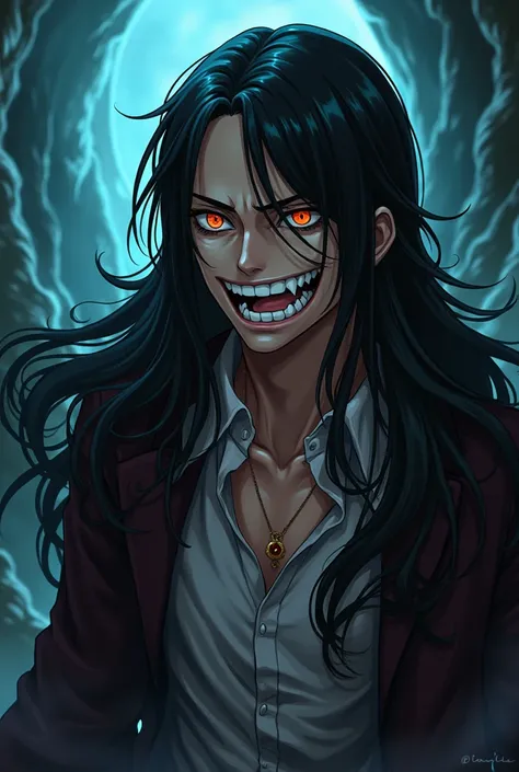 One piece anime style, young adult man siren long straight black hair orange eyes fangs insane facial expressokn with a smile looking away
