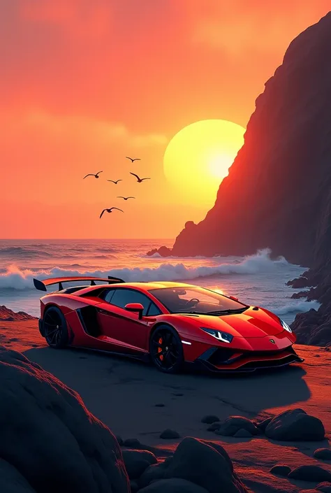 A cinematic illustration of a deep and solitary environment, featuring a gleaming red Lamborghini aventador SV parked on a desolate coastal cliff. The car is the in the vast expanse of rocky landscape, while an intense sunset casts a warm, orange glow over...